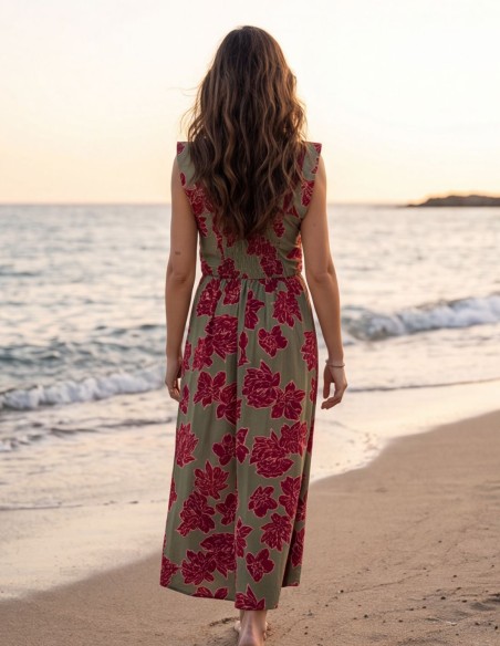 Robe midi verte à motifs, avec encolure carrée