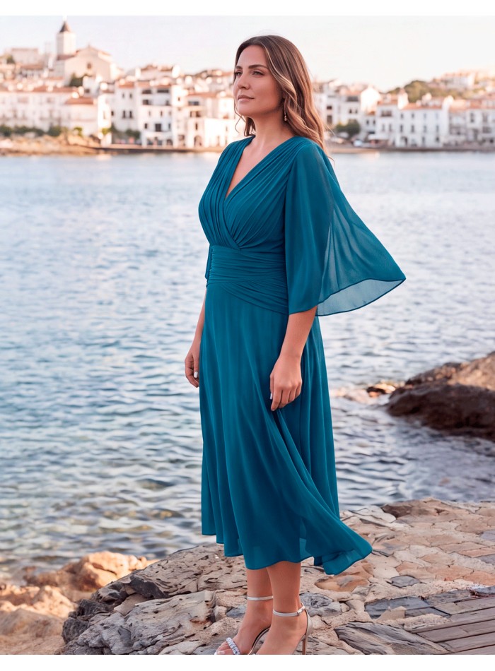 Robe midi de cérémonie grande taille bleu pétrole à manches fluides