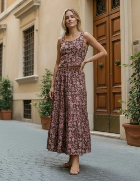 Ensemble composé d'un haut et d'une jupe à imprimé floral dans des tons terre