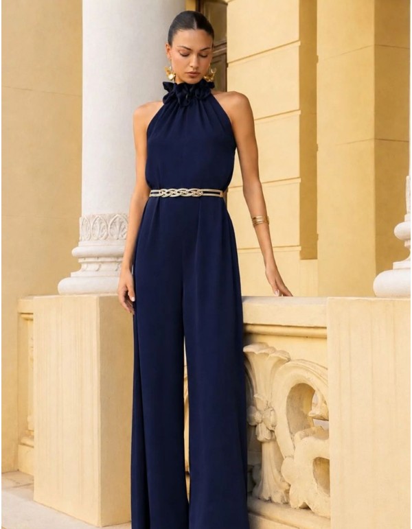 Navy blue jumpsuit with a detachable, gathered halter...