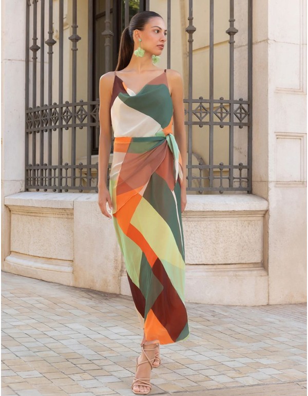 Vestido midi de gasa vaporosa con estampado geométrico