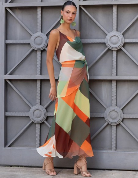Airy chiffon midi dress with a geometric print
