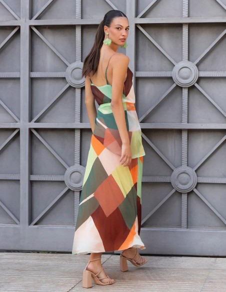 Robe midi en mousseline vaporeuse à imprimé géométrique