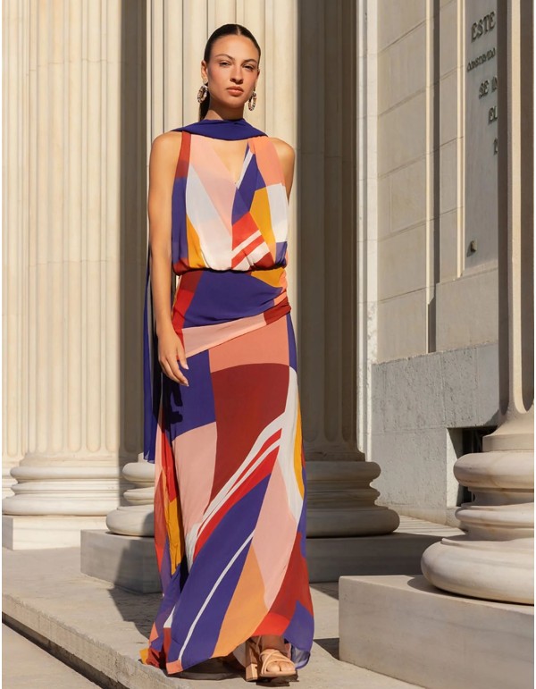 Robe longue en mousseline imprimée, avec un décolleté...