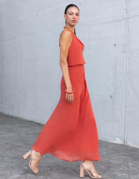 Midi-length caldera dress with a draped neckline and flared skirt