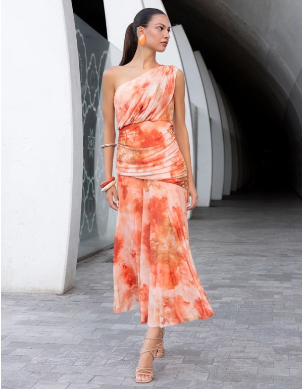 Robe midi en tulle imprimé avec un décolleté asymétrique