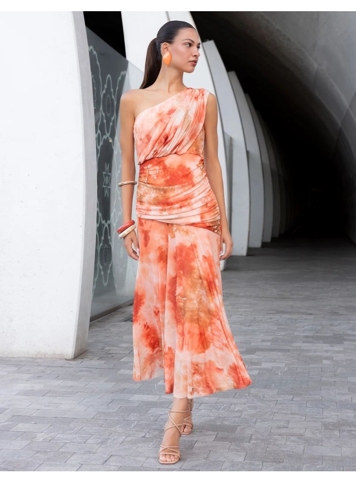 Printed tulle midi dress with an asymmetrical...