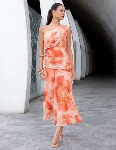 Printed tulle midi dress with an asymmetrical neckline