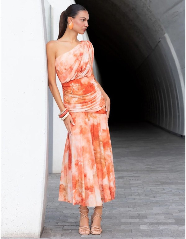 Printed tulle midi dress with an asymmetrical neckline 2