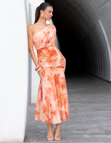 Printed tulle midi dress with an asymmetrical neckline