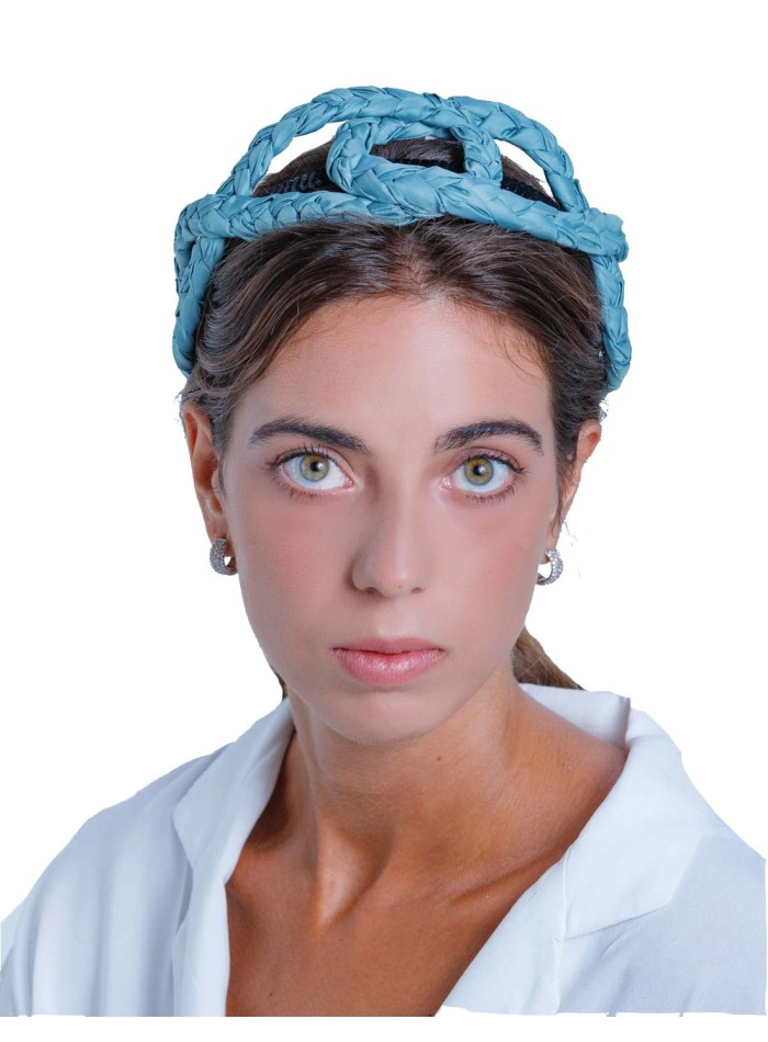 Blue cross-braided headband by Margarita Sangiovanni