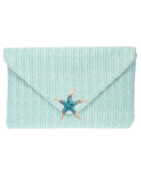 Pastel rafia clutch bag with rhinestone starfish in blue Pastel rafia clutch bag with rhinestone starfish in blue