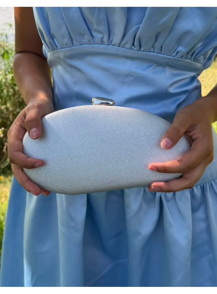 Oval silver clutch with a glossy finish