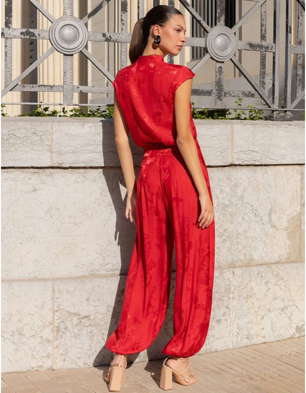 Pantalón bombacho rojo en tejido jacquard satinado 2