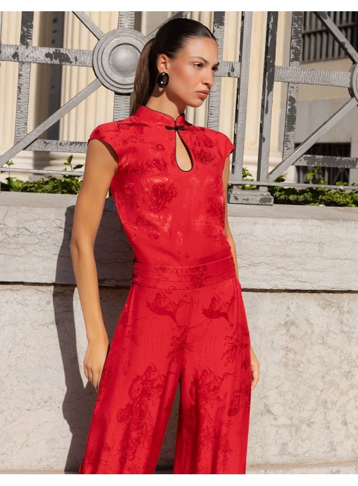 Pantalón bombacho rojo con cinturilla tableada
