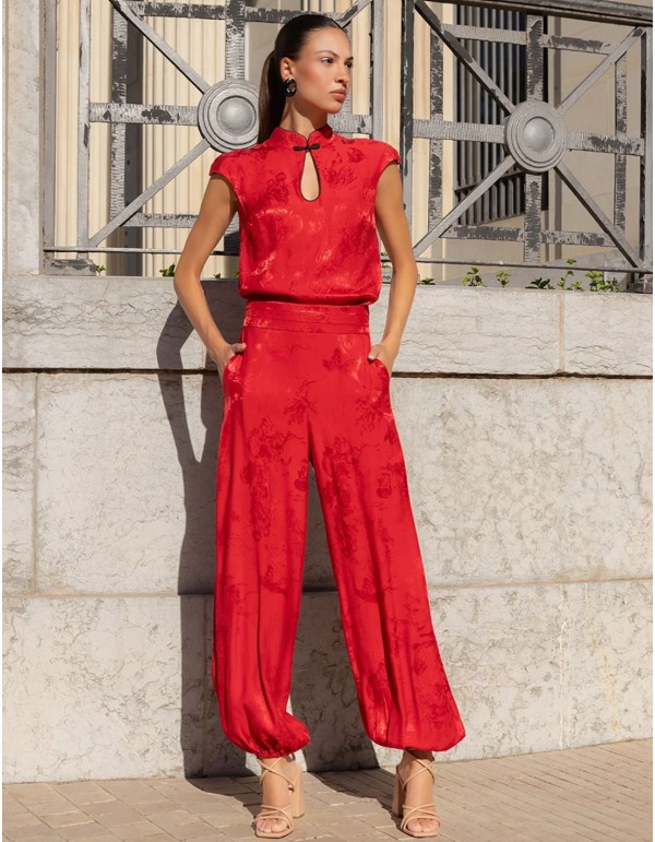 Blusa de corte oriental en jacquard satinado rojo 2