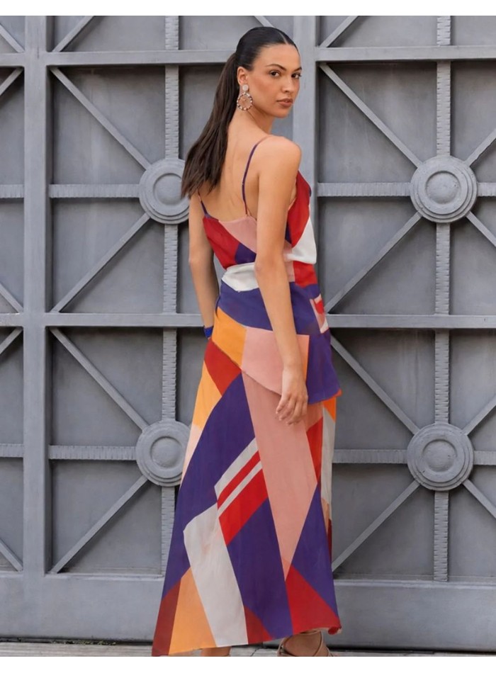 Vestido midi para invitada con estampado geométrico de gasa para fiesta