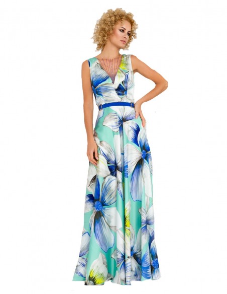 Long party dress with blue floral print  at INVITADISIMA