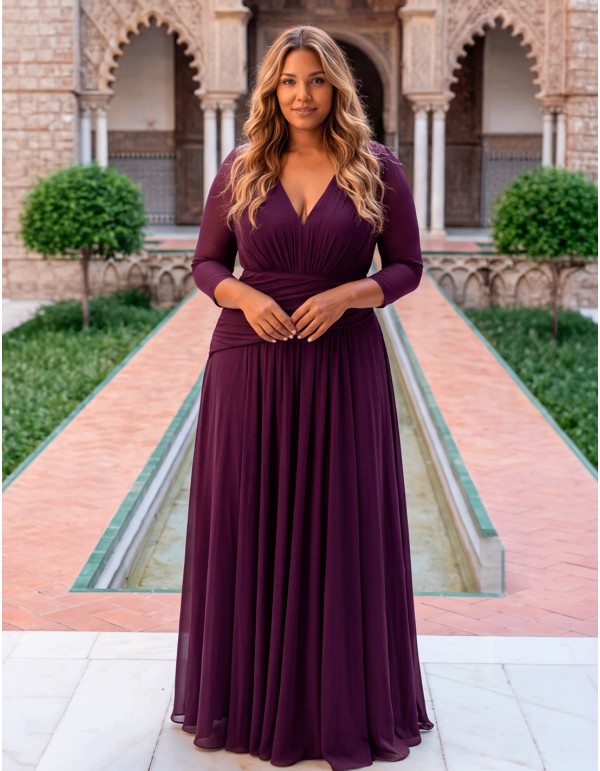 Wine-colored plus-size long party dress with sheer sleeves