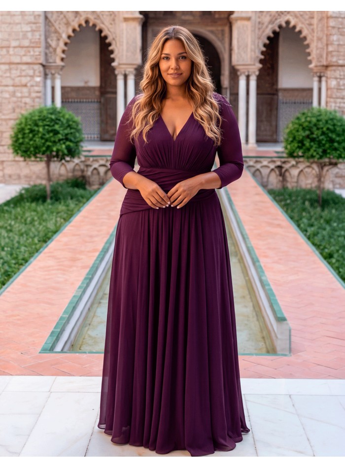 Vestido largo de fiesta talla grande color vino con manga transparente