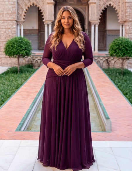 Wine-colored plus-size long party dress with sheer sleeves