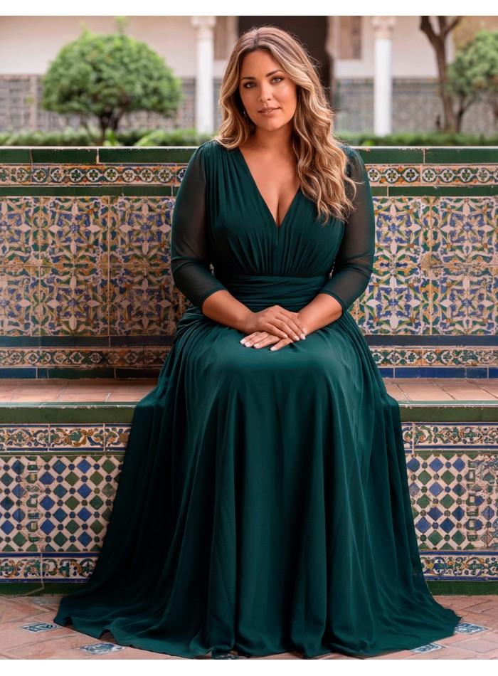 Elegante vestido largo de fiesta en verde botella,