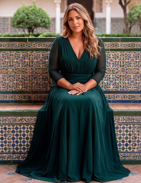 Elegante vestido largo de fiesta en verde botella,