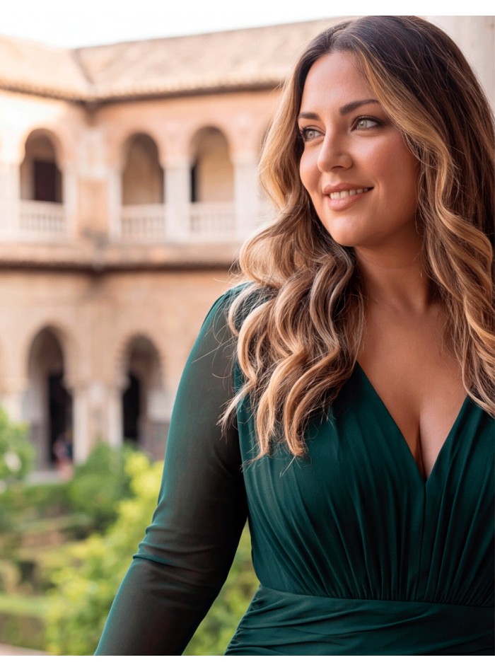 Elegant long evening gown in bottle green, designed to flatter plus-size figures in particular