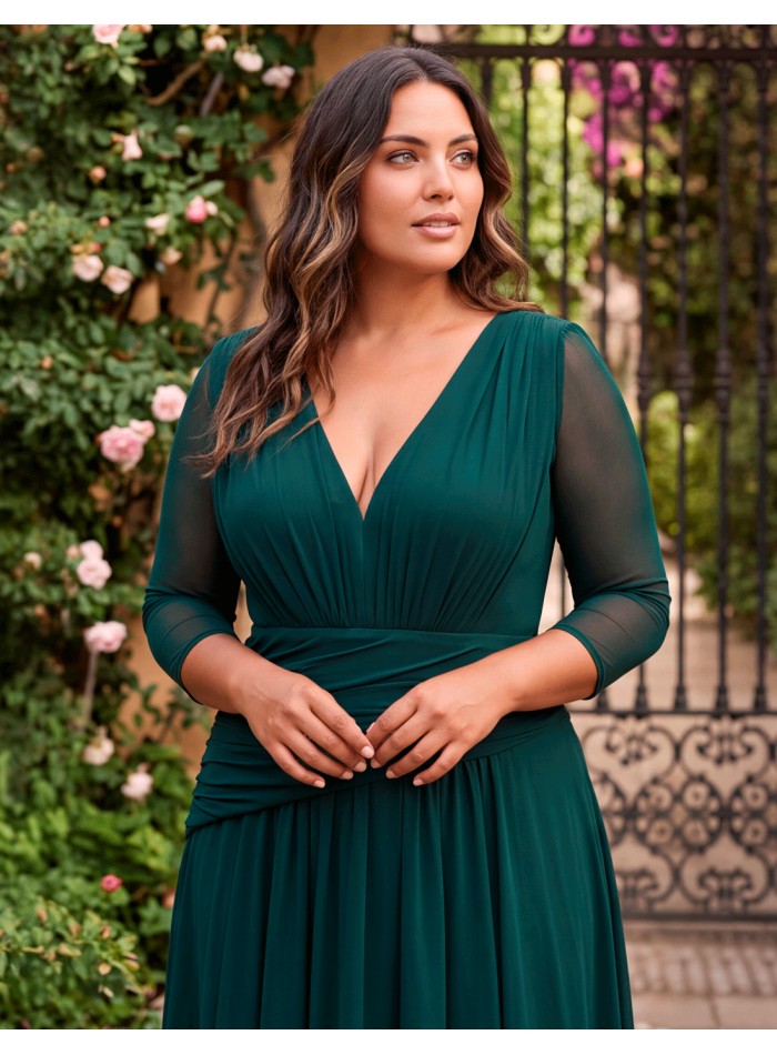 Plus-size bottle-green long party dress with sheer sleeves