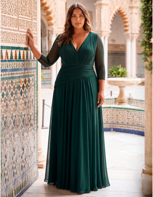 Vestido largo de fiesta talla grande verde botella con manga transparente 2