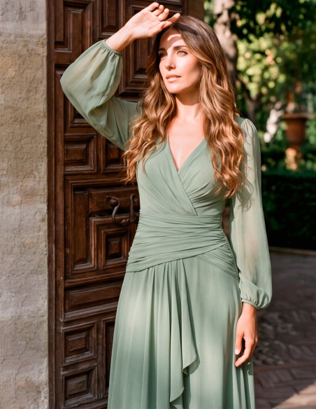 Olive green long evening dress with long sleeves and a draped waist