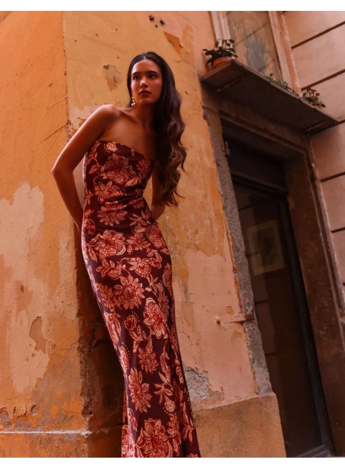 Robe longue sans bretelles à imprimé floral