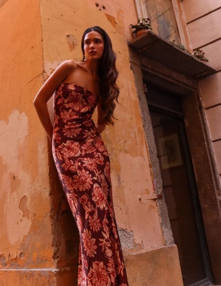 Robe longue sans bretelles à imprimé floral