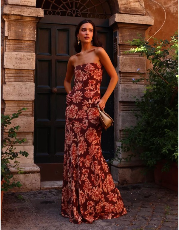 Vestido largo estampado palabra de honor con estampado floral
