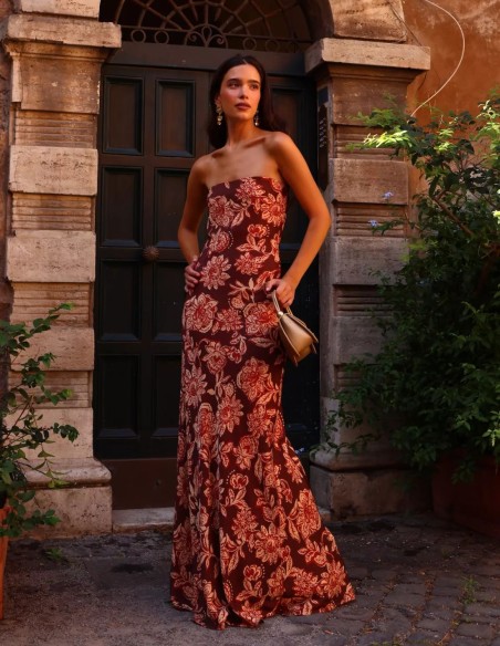 Vestido largo estampado palabra de honor con estampado floral