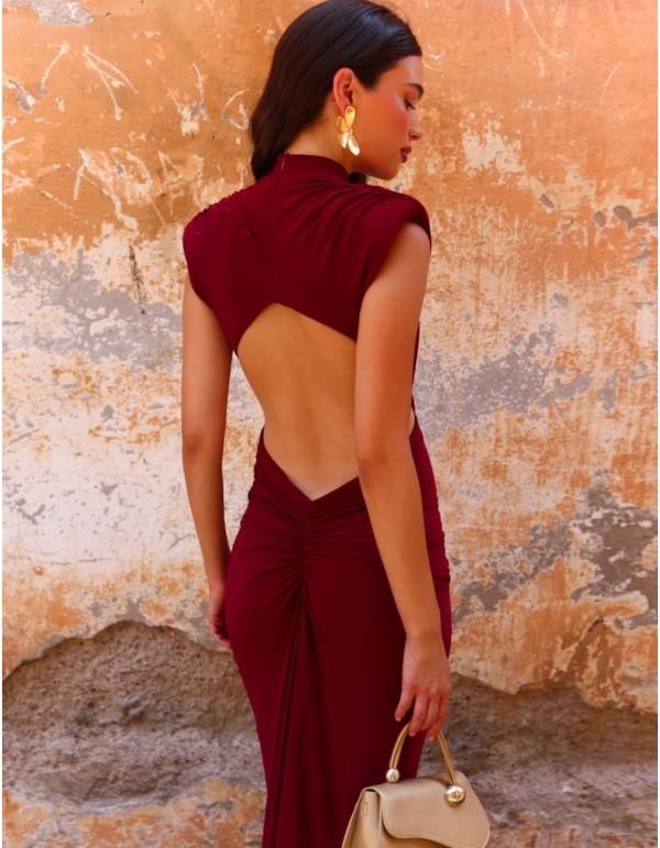 Maxi-length dress with a high neckline and shoulder pads 2