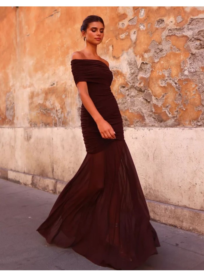 Long dress with a Bardot neckline and draping...