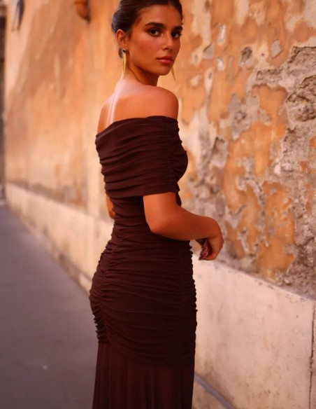 Long dress with a Bardot neckline and draping at the hips