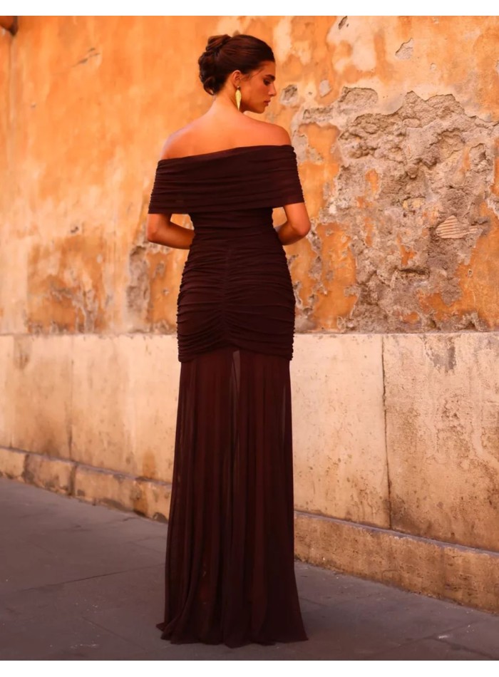 Long dress with a Bardot neckline and draping...