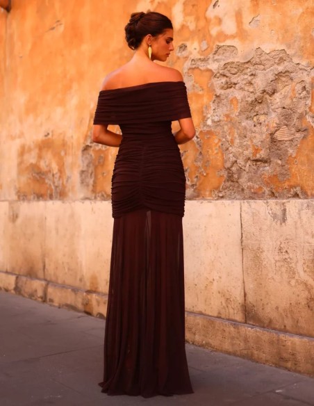 Long dress with a Bardot neckline and draping at the hips