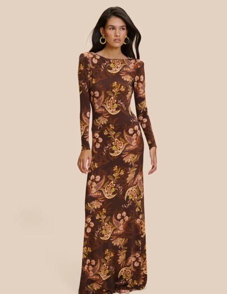 Vestido largo con silueta recta y estampado cachemir en tonos marrones