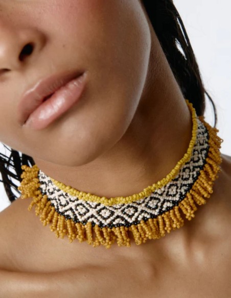 Handcrafted, hand-woven choker with a geometric pattern and fringe trim