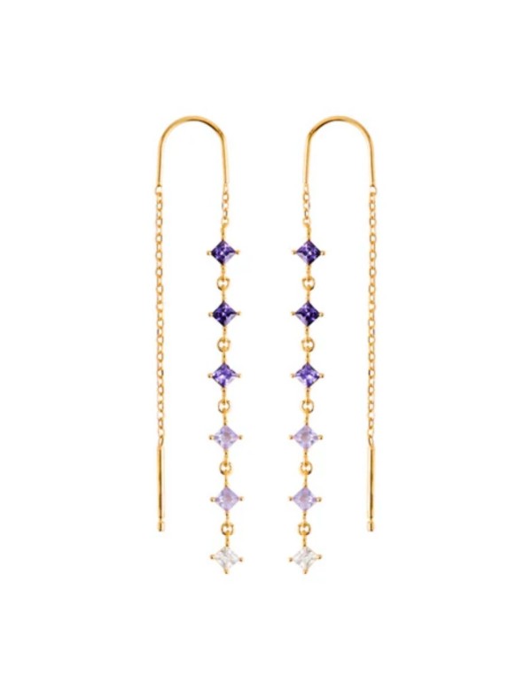 Long gold earrings with purple cubic zirconia stones 2