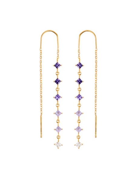 Long gold earrings with purple cubic zirconia stones