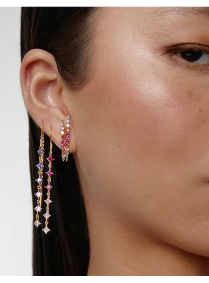 Long gold earrings with purple cubic zirconia...