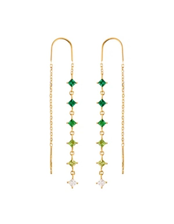 Long gold earrings with green cubic zirconia stones 2
