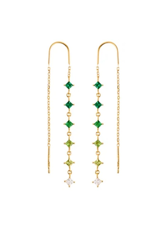 Pendientes largos dorados con circonitas verdes