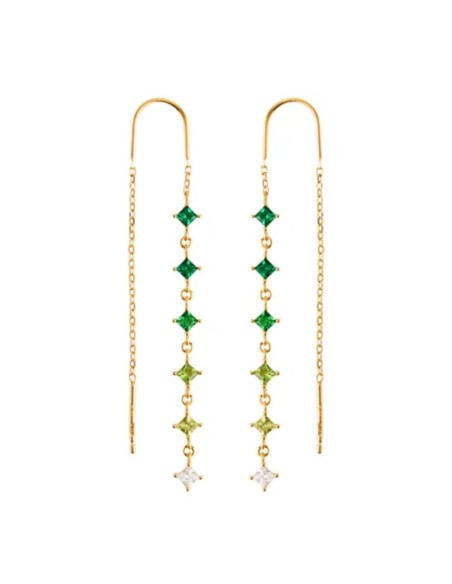 Long gold earrings with green cubic zirconia stones