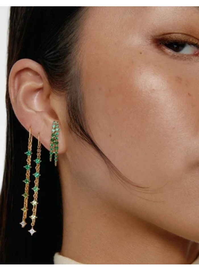 Long gold earrings with green cubic zirconia...