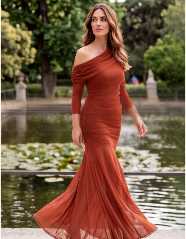 Robe longue asymétrique couleur tuile à manches longues 2
